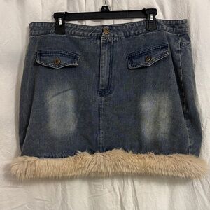 Chic Denim Mini Skirt with Faux Fur Trim